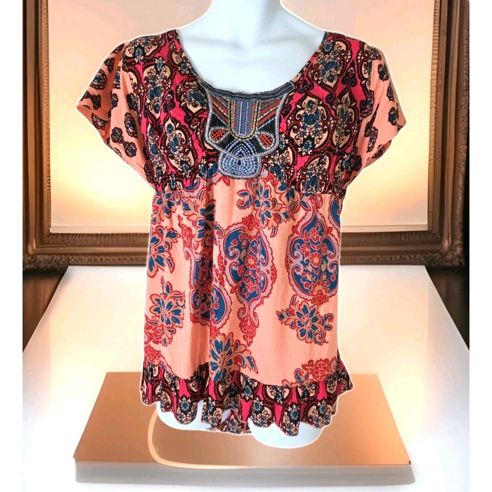 One World Popover Top 3X Multicolor Paisley Ruffled Flutter Sleeve Boho Festival